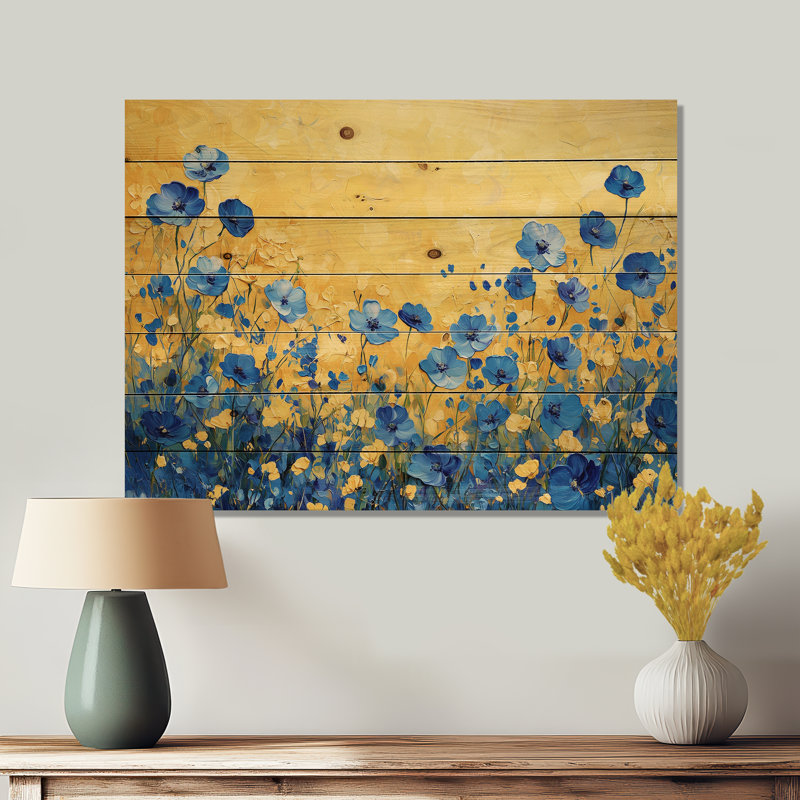 Blue Golden Wildflower Meadow Scenery III - Wildflowers Wood Wall Decor - On Natural Pine Wood, 30" H x 40" W x 0.78" D
