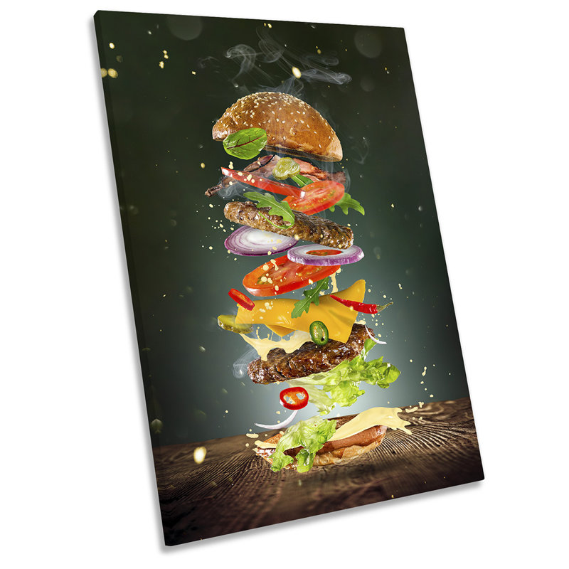 Burger Flying Ingredients Kitchen - Wrapped Canvas Print, 91.4cm H x 61cm W x 4cm D