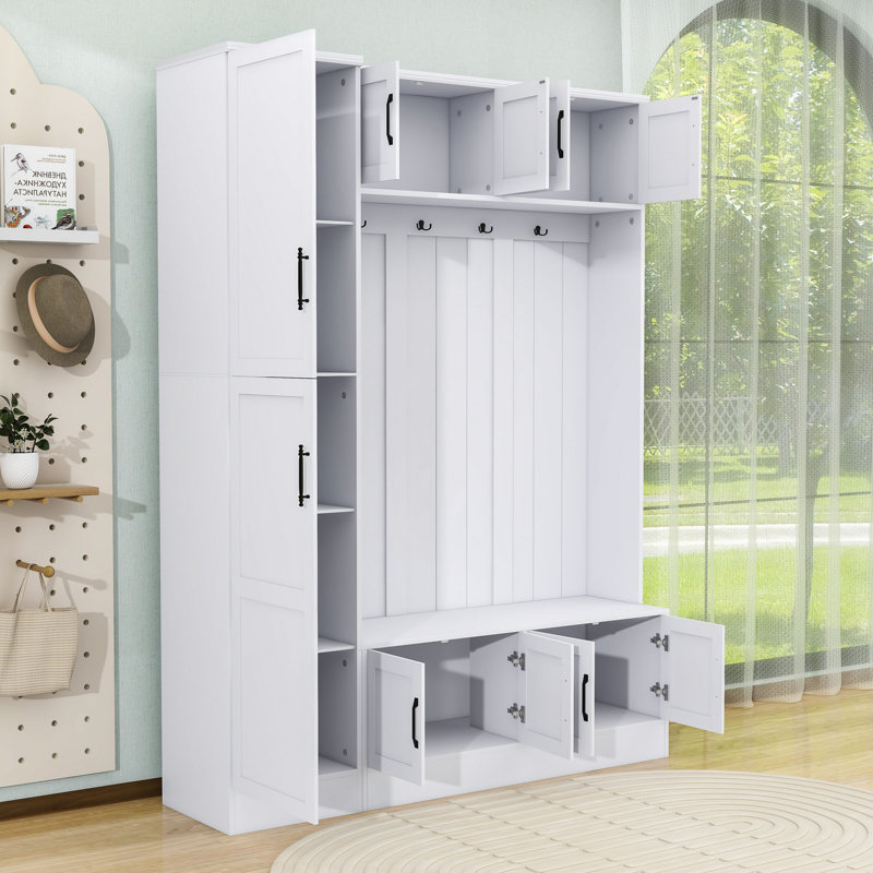 Versatile Hall Tree with Large Storage, Sturdy Hooks, and Built-In Seating, White