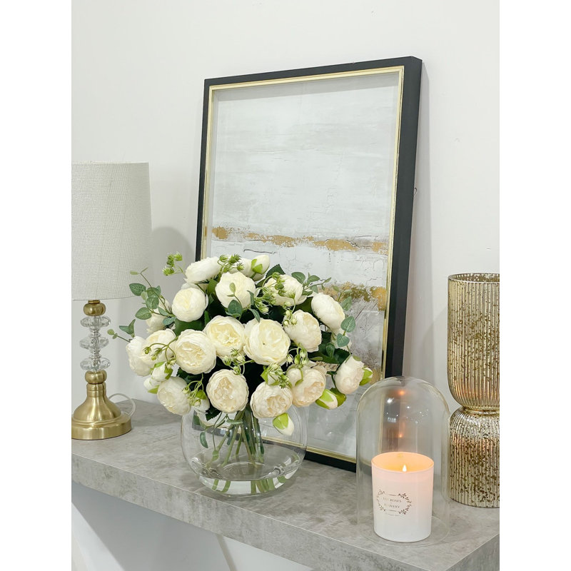 White Peony Faux Centerpiece In Glass Vase, White