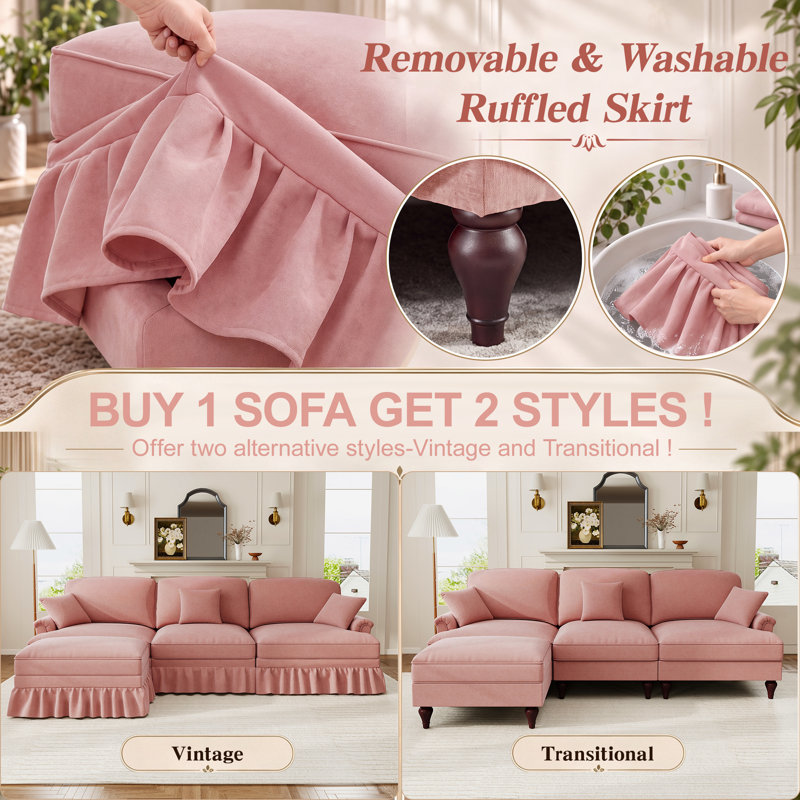 Upholstered 133.4 " Chenille U-Shaped Sectional with Ottoman, Pink Chenille