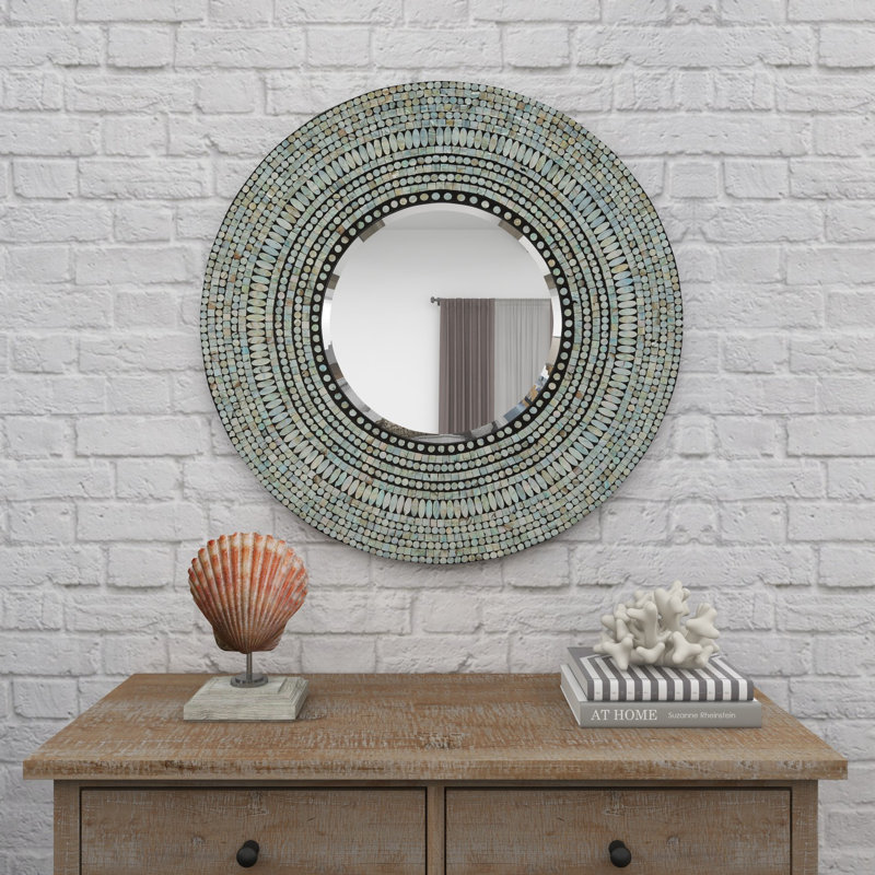Leto Gray Mother of Pearl Shell Tribal Handmade Mosaic Room Wall Mirror, 32" x 32"