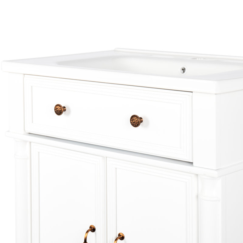 Meuble-lavabo de 28 po de style médiéval, structure en bois massif, armoire de rangement, lavabo à impact, installation facile haut de gamme de 27,8 po et poignées en métal, à nettoyer