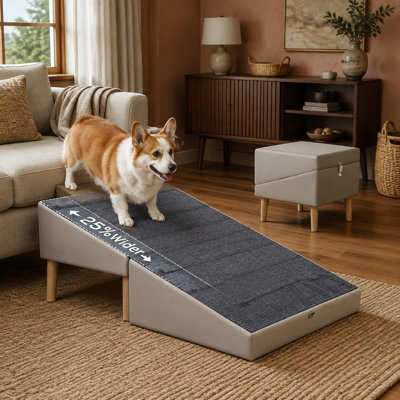 For couch access, this 15.7in Wide small-dog ramp converts with a 2 in 1 ottoman design; its paw-friendly full-fabric surface works with 6 Anti-Slip Grip Rails and 4 Leveling Feet for stable folding support, and the design Holds 150 lb