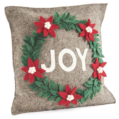 Hand Felted Wool Christmas Pillow - JOY Wreath - 20"