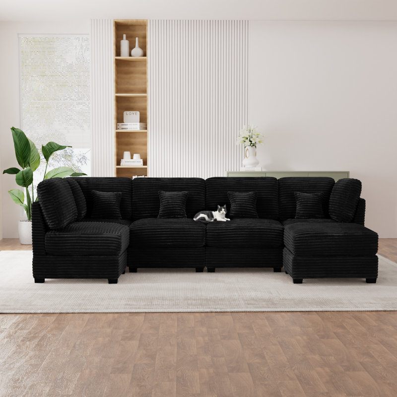 Modulaires modernes en velours côtelé noir, forme en U personnalisable, confort à la maison