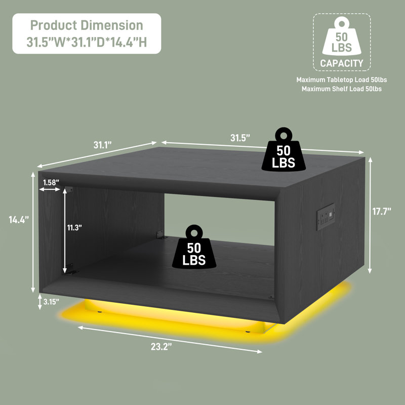 32" Coffee Table With LED Light & Power Outlet, Mid Century Modern Square Center Table For Living Room, 2-Tier Minimalist Wood Cocktail Table With Storage, Deep Beveled Edge, Wood Thick Design