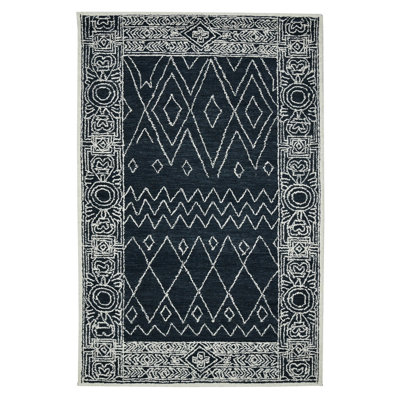 Tapis crocheté à la main 9 pi x 13 pi en laine gris anthracite et ivoire Southwestern