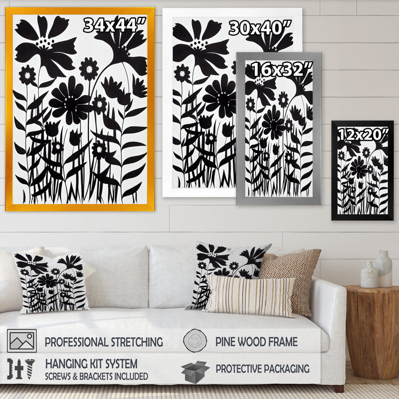 Fleurs noires et blanches V, art mural sur toile, Impression noire sur toile encadrée, L 12 po x H 20 po