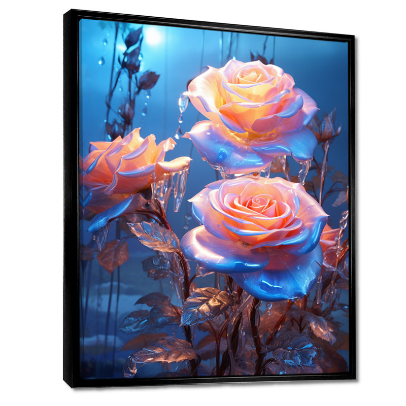 «Magical Pink Nocturnal Magic - Roses», reproduction d'art murale, H 32 po x l 16 po x P 1 po, Toile avec cadre flottant noir