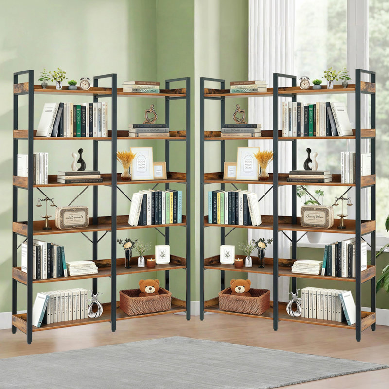 6Tier Industrial Bookshelf, 67" Wooden Bookshelf With Open Shelves, Freestanding Metal Frame Bookcase For Storage And Display, Modern Book Shelves For Bedroom, Living Room And Home Office, Brown
