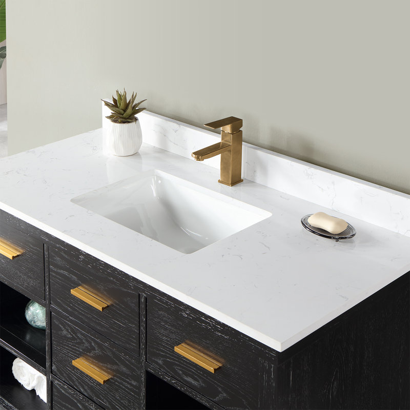 Ensemble de meuble-lavabo simple 48 po Kesia avec comptoir en pierre composite blanc de Carrare sans miroir, Noir, Or