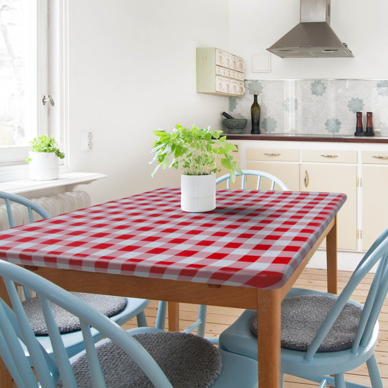 Red and White Checkered Vinyl Fitted Tablecloth with Flannel Backing