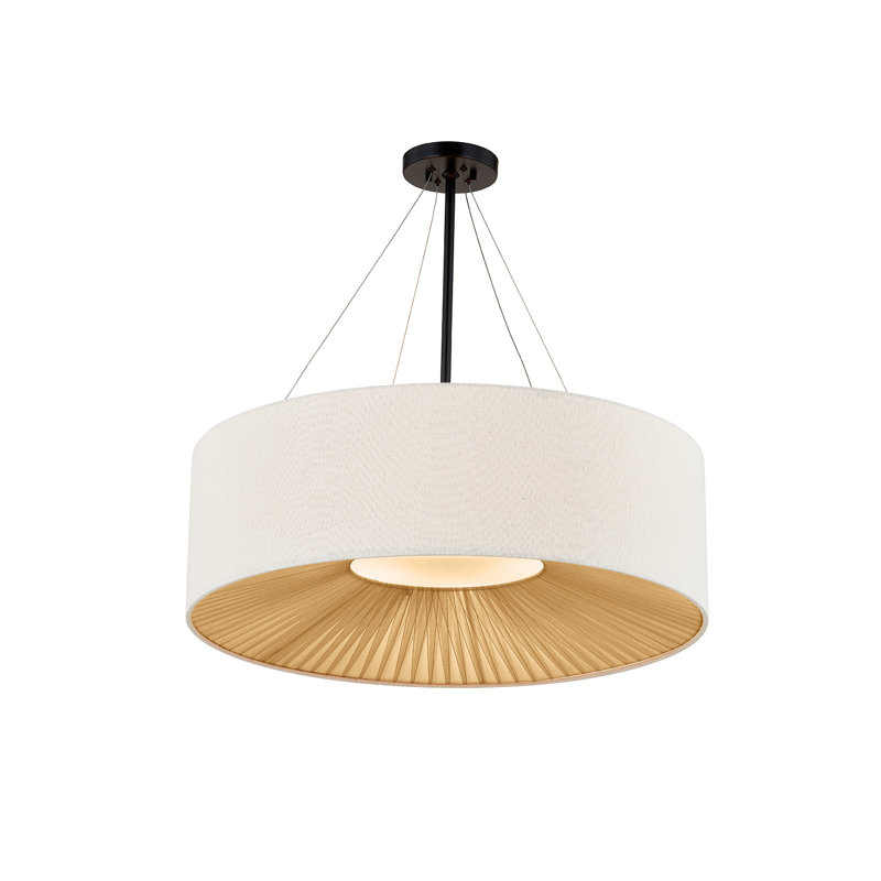 Textile - Luminaire suspendu tambour Warren - Noir mat - Abat-jour en tissu crème, H 12 po x l 36 po x P 36 po