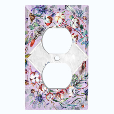 Metal Light Switch Plate Outlet Cover (Cotton Flower Lavender Feather Frame  - Single Duplex)