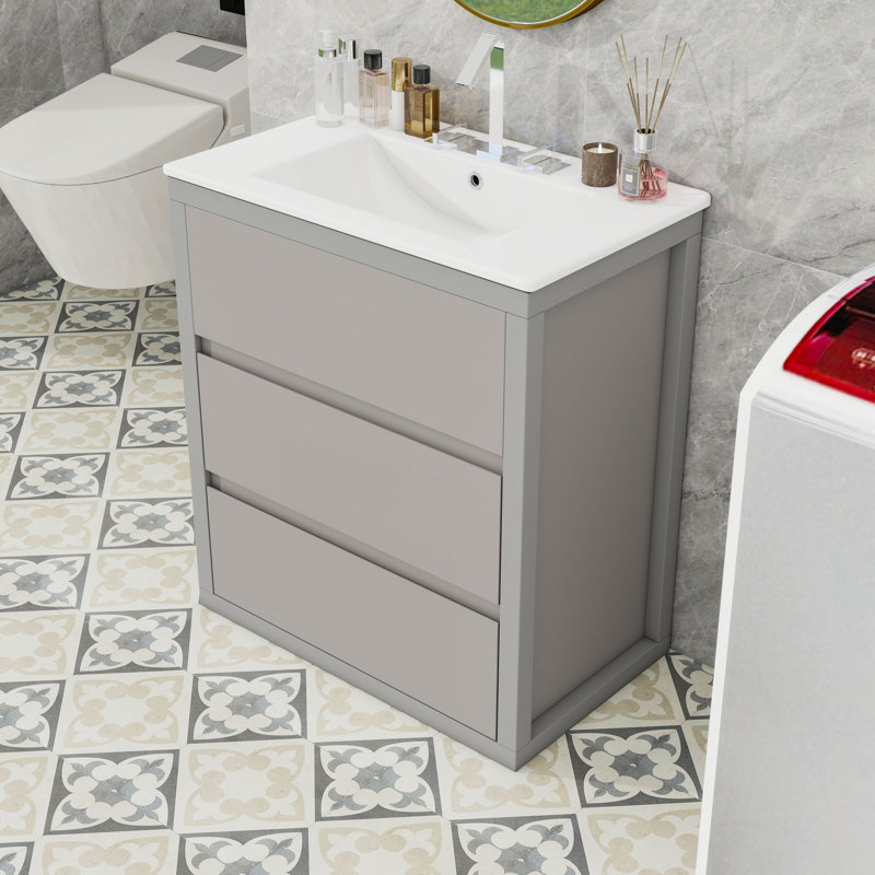 Meuble-lavabo autoportant contemporain avec lavabo en céramique et tiroirs de rangement, Gris