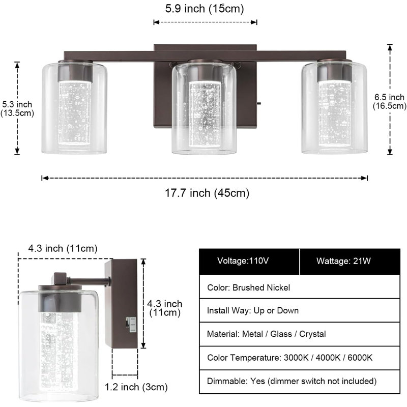 LED Vanity Light With 3 Colour Modes (3000K/4000K/6000K), Dimmable Bathroom Light Fixture With Clear Glass Shade, Eye Protection Wall Light For Mirror
