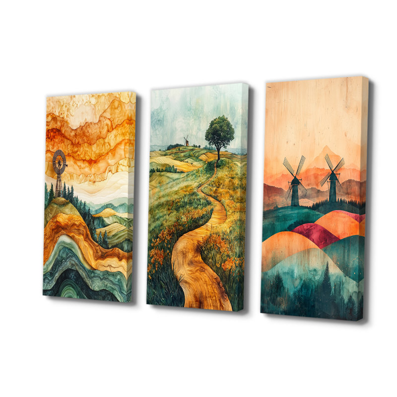 Windmills Into A Summer Field Landscape I - Windmills, reproduction d'art sur toile, Toile tendue, H 28 po x l 36 po