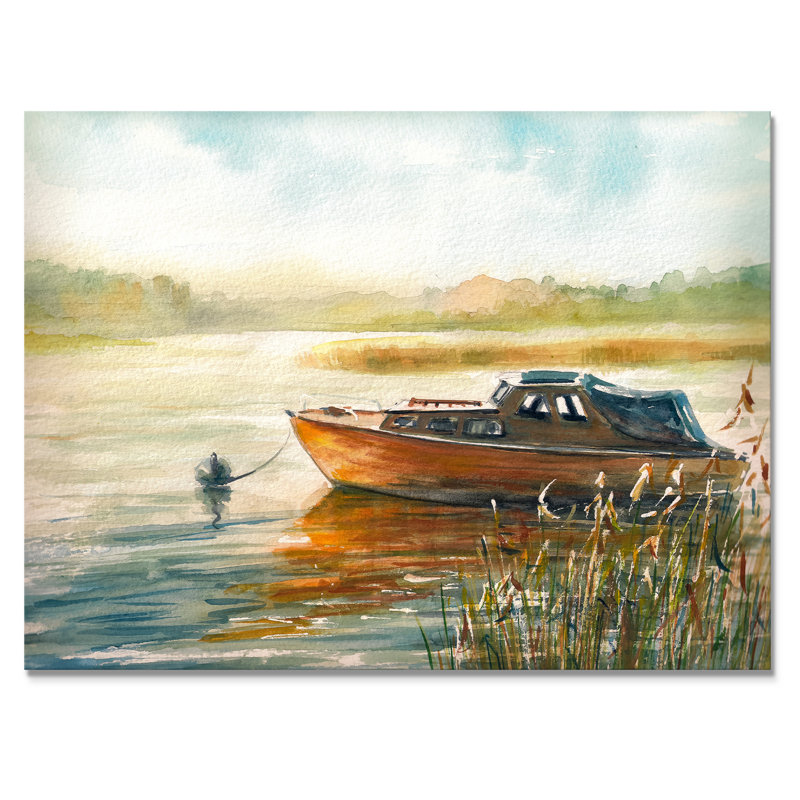 Lonely Boat on the River Shore at Dawn - reproduction d'art sur toile, H 16 po x l 32 po x P 1 po, Toile tendue
