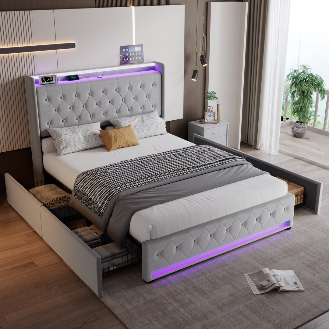 Bed Frame, Upholstered Bed, 4Ft6 Double Bed 135 x 190cm, Storage Bed, Soft Backrest, 4 Drawers, With Light Strips, With Charging Socket, With Bed Slat