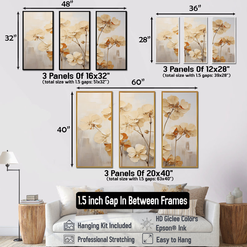 Minimalisme, géraniums beiges et bleus I - ensemble d'art mural géraniums, Cadre naturel flottant, H 32 po x l 48 po x P 1 po