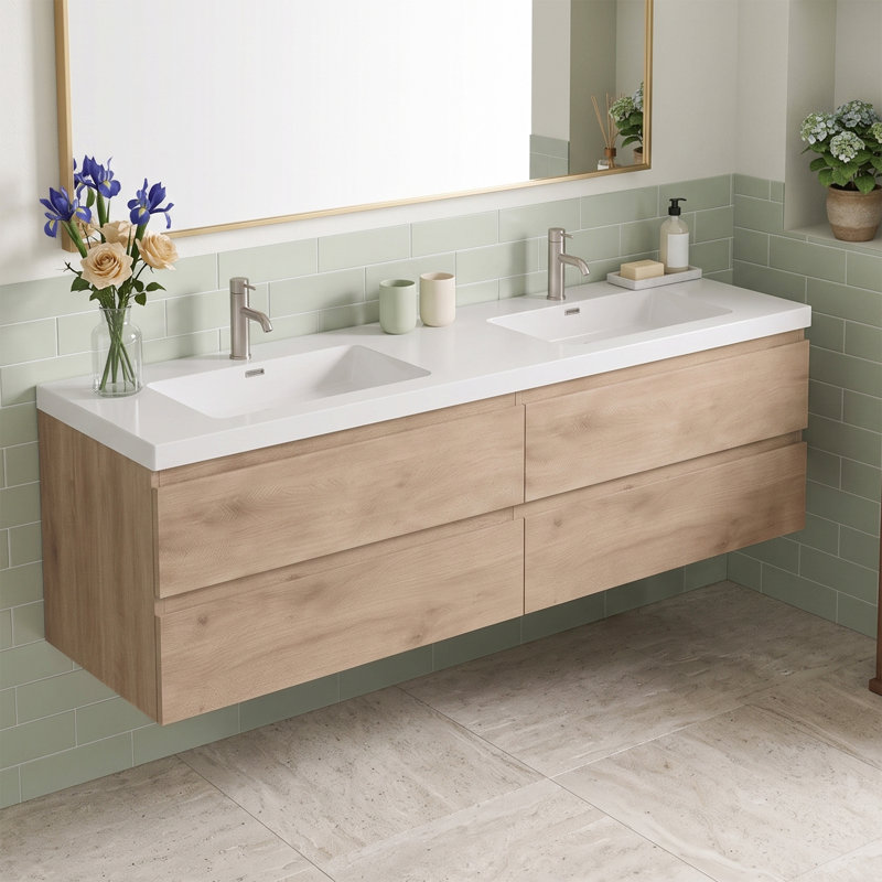 Meuble-lavabo mural de 183 cm (72 po) en chêne MFC avec dessus en résine blanche brute et carbonate de calcium, deux tiroirs coulissants en forme de U à fermeture douce, préassemblé