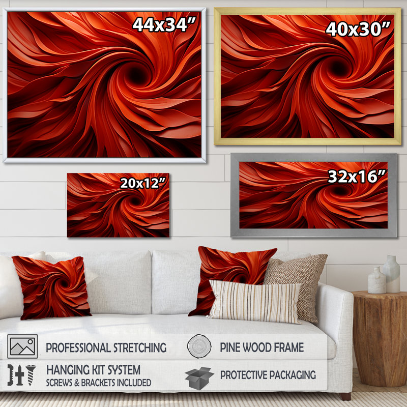 «Red Abstract Spiral Dreamscape I» - Art mural spirales abstraites, H 28 po x l 60 po x P 1,5 po, Toile tendue