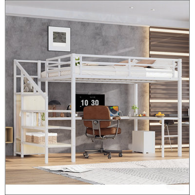 Lit mezzanine en métal avec bureau en forme de L, port USB et éclairage DEL, idéal pour optimiser l'espace et créer un espace de vie multifonctionnel dans les chambres d'enfants, d'adolescents et d'adultes.