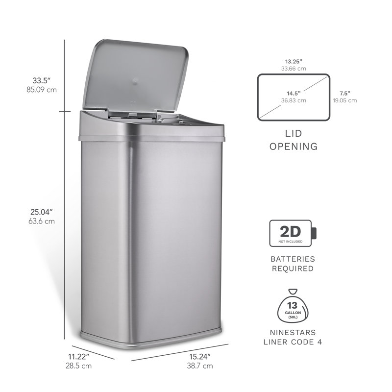 Nine Stars 13.2 Gallon Stainless Steel Motion Sensor Trash Can, Argent
