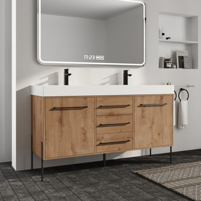 Ensemble de meuble-lavabo double 60 po avec plateau en résine Faelan, meuble-lavabo double autoportant avec lavabo en résine