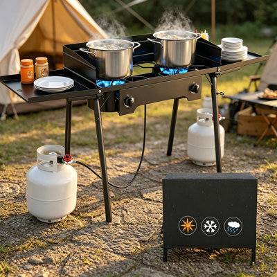 59"L Large High Pressure Propane Outdoor Stove With Windpanel& Side Shelves, Bag