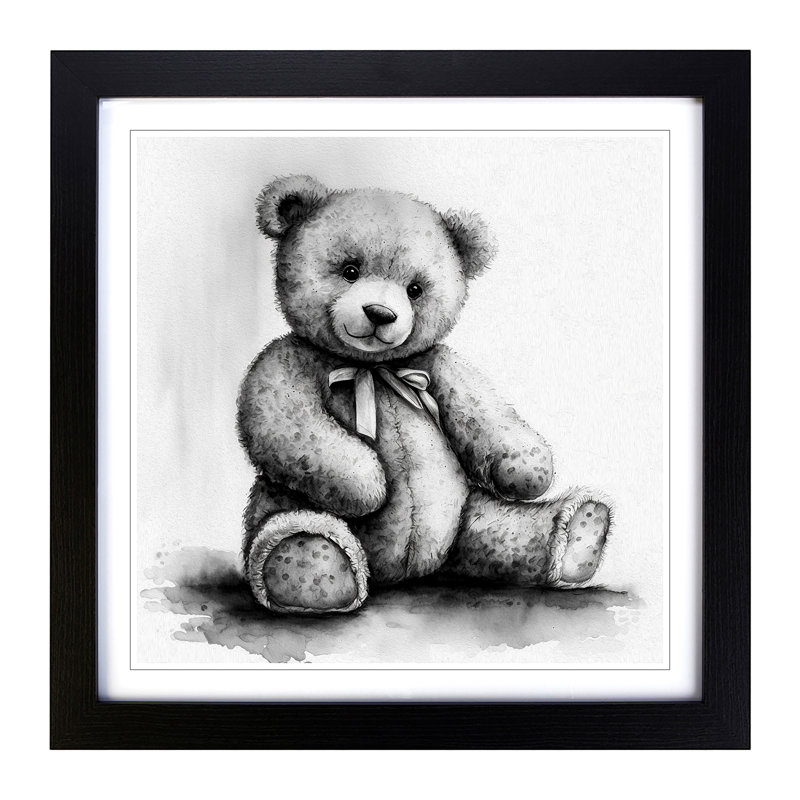 Teddy Bear Ink Wash - Single Picture Frame Print on Wood, Black