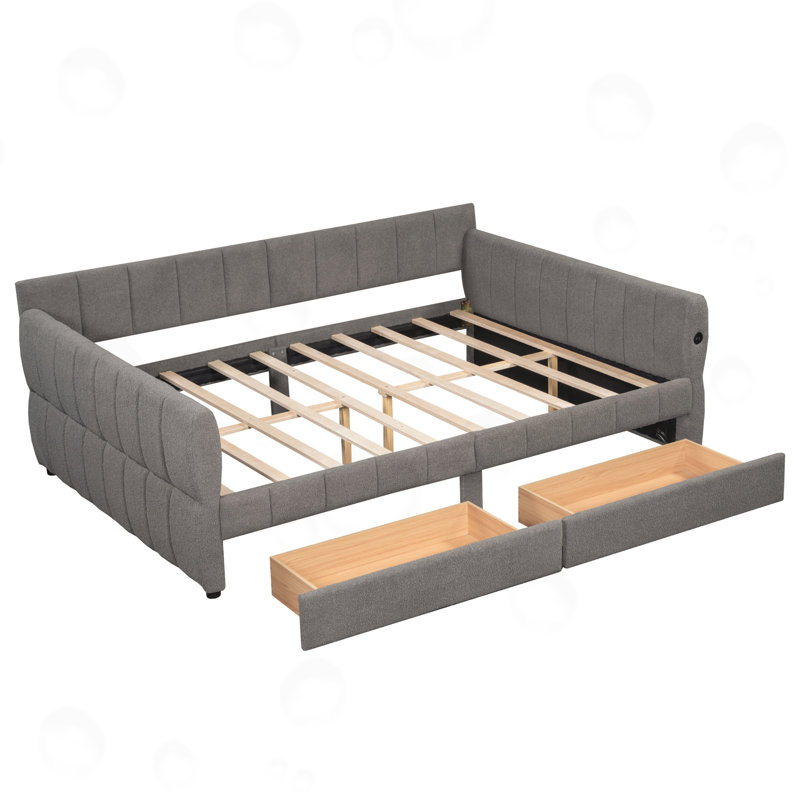 Grand lit plateforme tapissier avec port USB et 2 tiroirs, gris