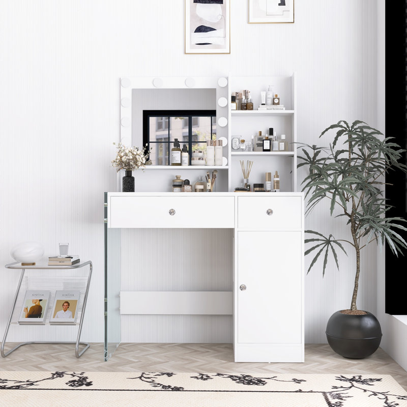 Coiffeuse élégante avec plateau en verre, 3 modes d'éclairage et rangement, Blanc