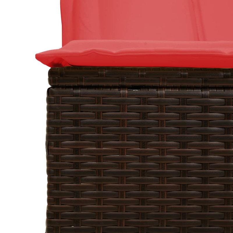  Double Sun Lounger With Roof And Curtains Brown Poly Rattan, Red Cushion/Brown Frame