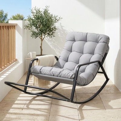 Outdoor/Indoor Papasan Rocking Chair with Cushion, 450-lb Capacity, Patio Recliner Lounge Rocker by Latitude Run