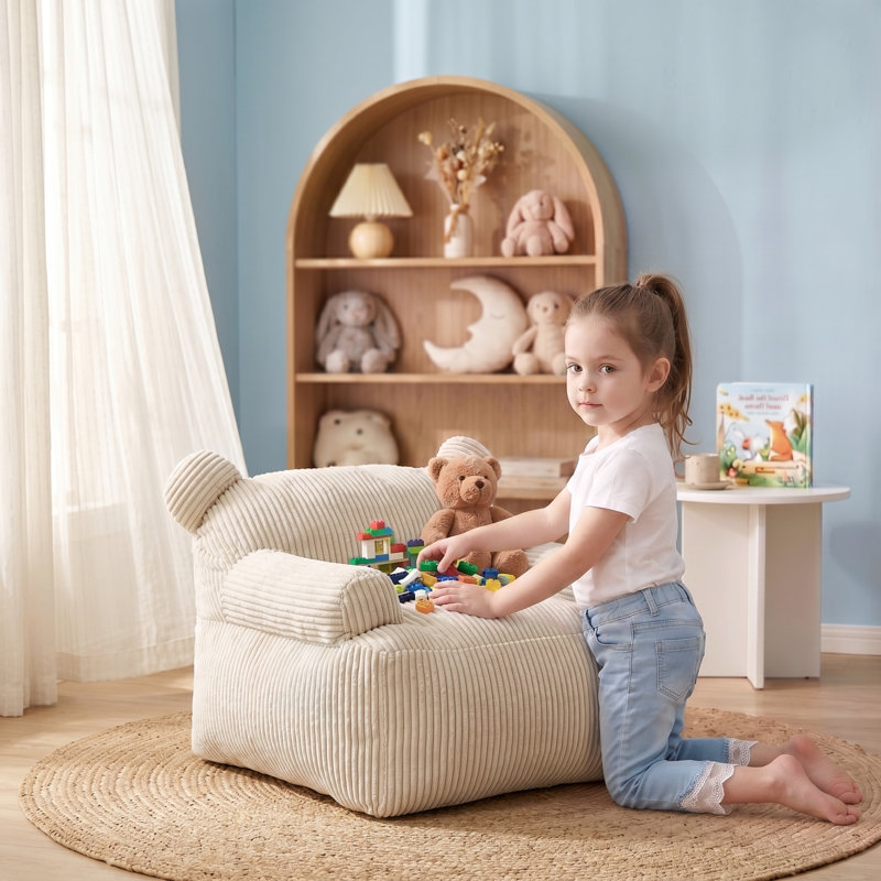 Fauteuil à billes en velours côtelé pour enfants avec poche latérale, petit canapé en mousse, Beige