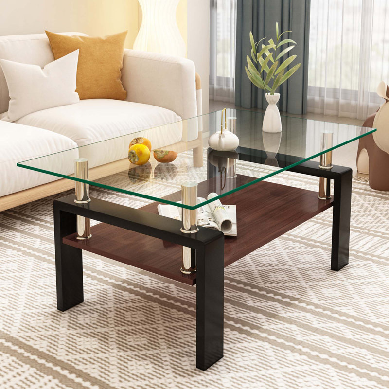 Table basse avec plateau en verre, Transparent, Noir / brun