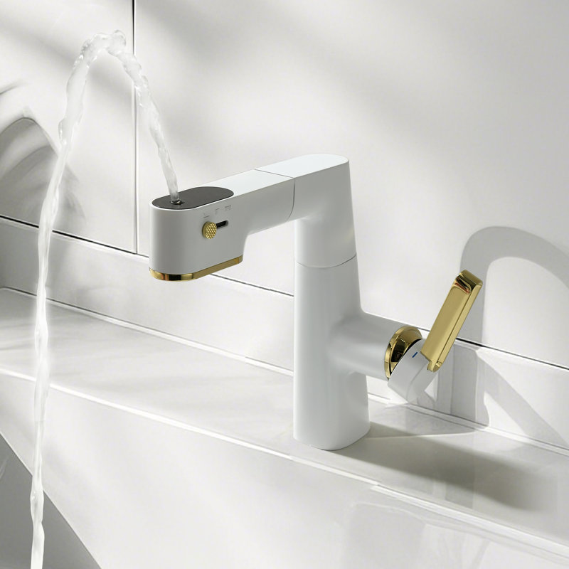 Robinet de lavabo de salle de bain pivotant à affichage numérique en laiton massif à 360 °, Doré / Blanc