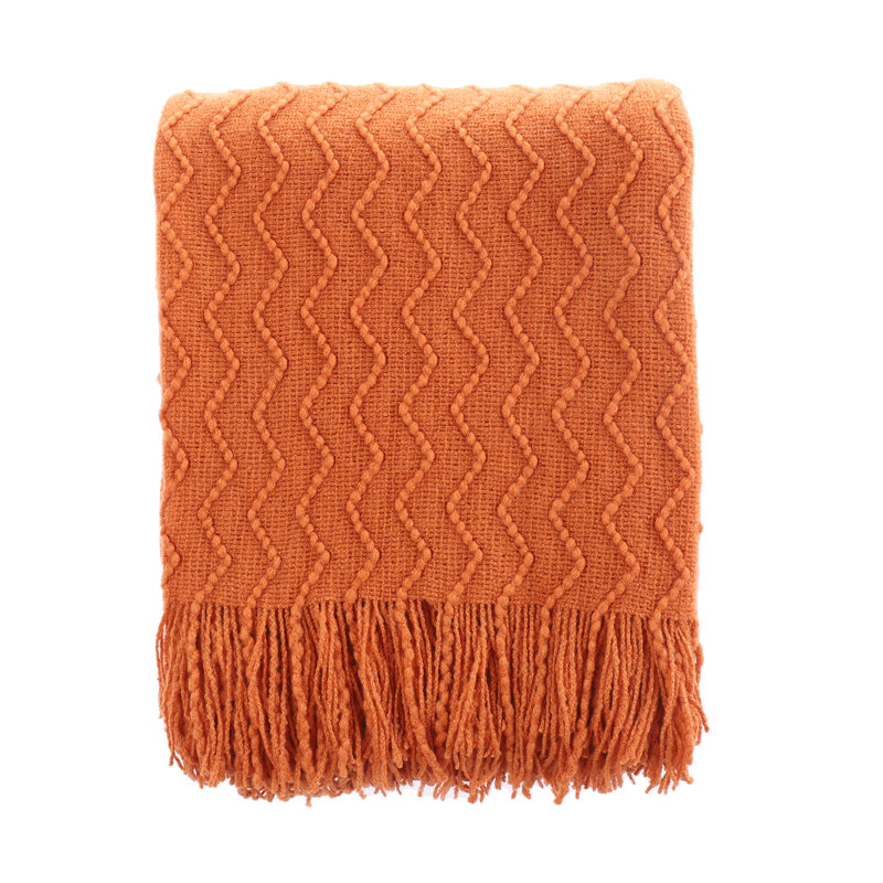 Burnt Orange Knitted Cotton Wool Throw Blanket with Tassels, 50"x60"
