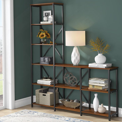 6-Tier Rustic Ladder Corner Etagere Bookshelf With Industrial Design For Space-Saving Storage And Stylish Display.