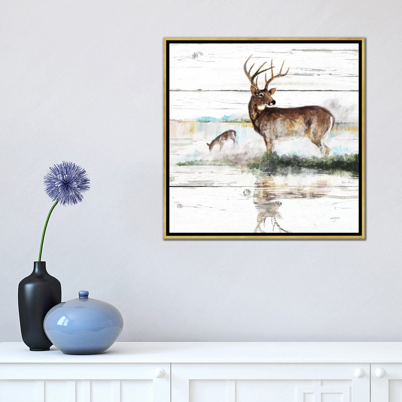 «Rustic Misty Deer» par Ruane Manning - reproduction d'art, H 18 po x l 18 po x 1,5 po, Aucun mat, Toile encadrée d'or