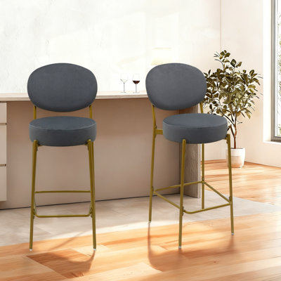 Ensemble de 2 tabourets de bar rembourrés en velours avec tabouret de comptoir rond avec dossier et repose-pieds pour îlot de cuisine (gris)