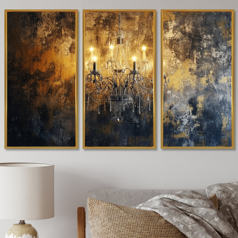 Athenais - Ensemble de salon mural lustre glamour, Cadre flottant doré, H 32 po x l 48 po x P 1 po