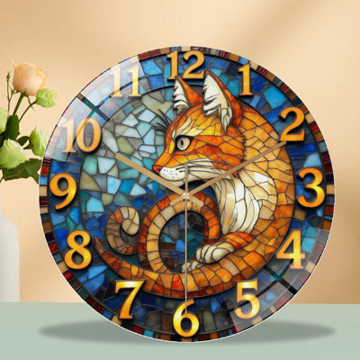 Stained Glass Cat Wall Clock Art Decoration Art - 12'' Modern Glass Wall Clock