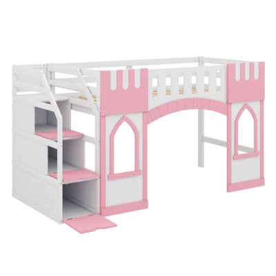 Lit mezzanine simple en bois avec 2 fenêtres et escalier de rangement