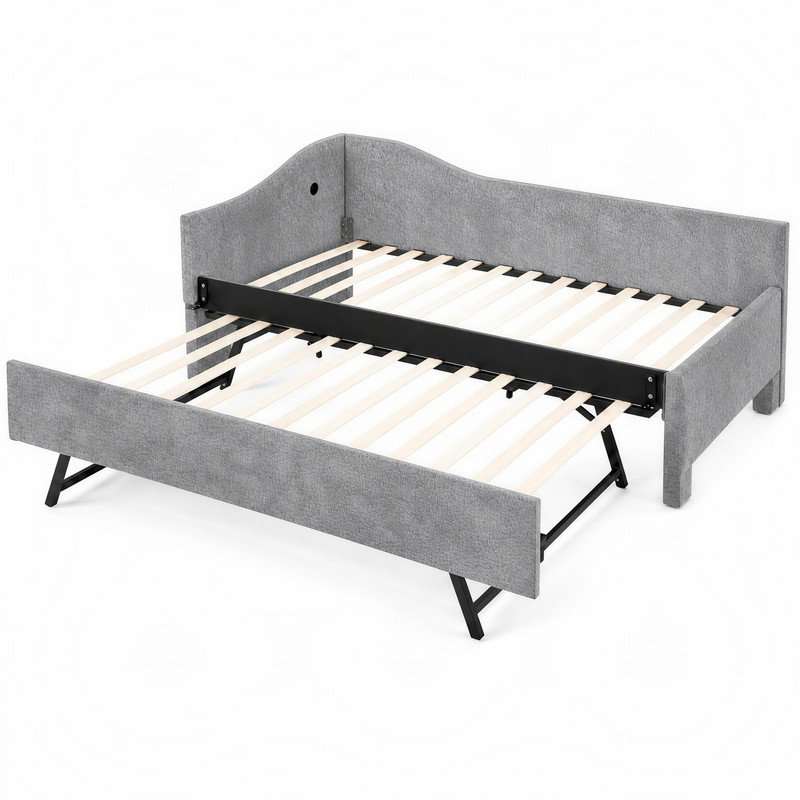 Lit de jour simple 80 po L gris avec lit gigogne escamotable et port USB, garniture cloutée pour chambre d'amis, petits espaces