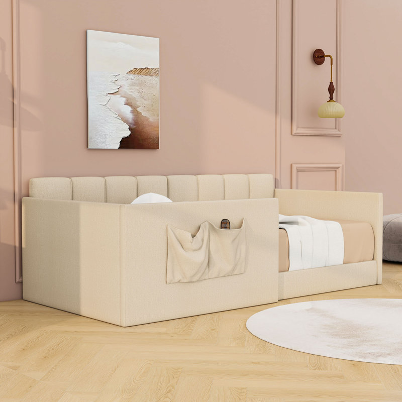 Lit de jour en velours avec poches de rangement intégrées, Beige, Twin