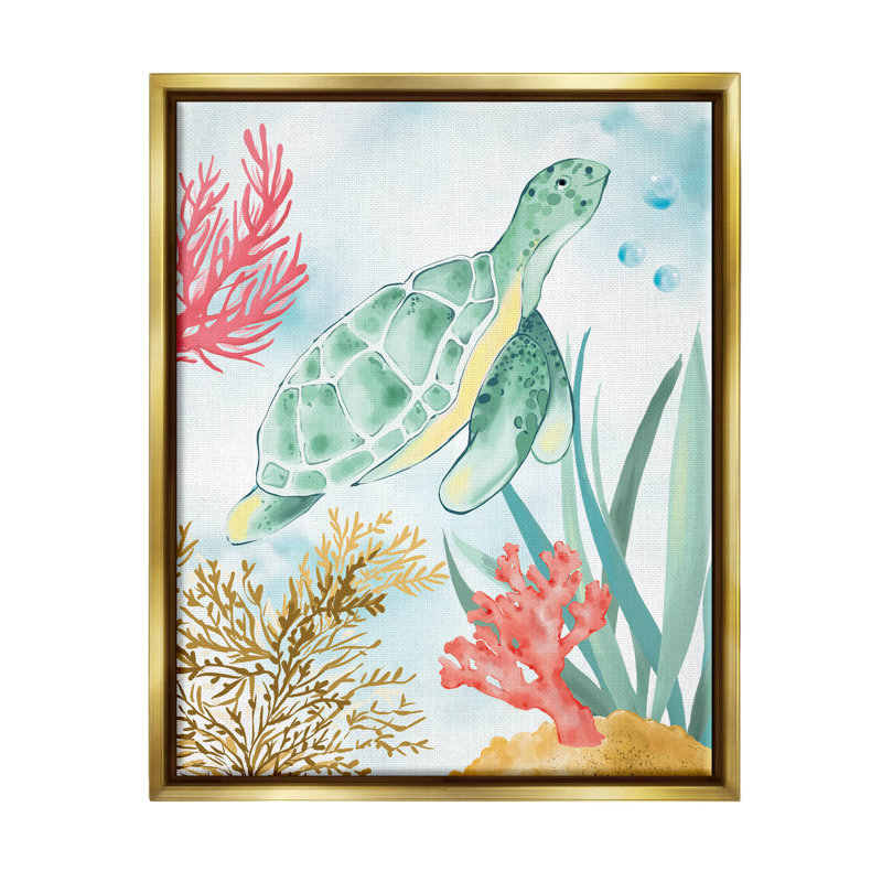 Tortue, récif de corail, estampe numérique de House of Rose, H 31 po x l 25 po x P 1,7 po, Cadre flottant doré