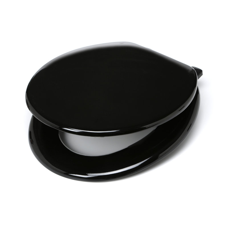 Solid Black Wood Round Toilet Seat with Non-Slip Bumpers